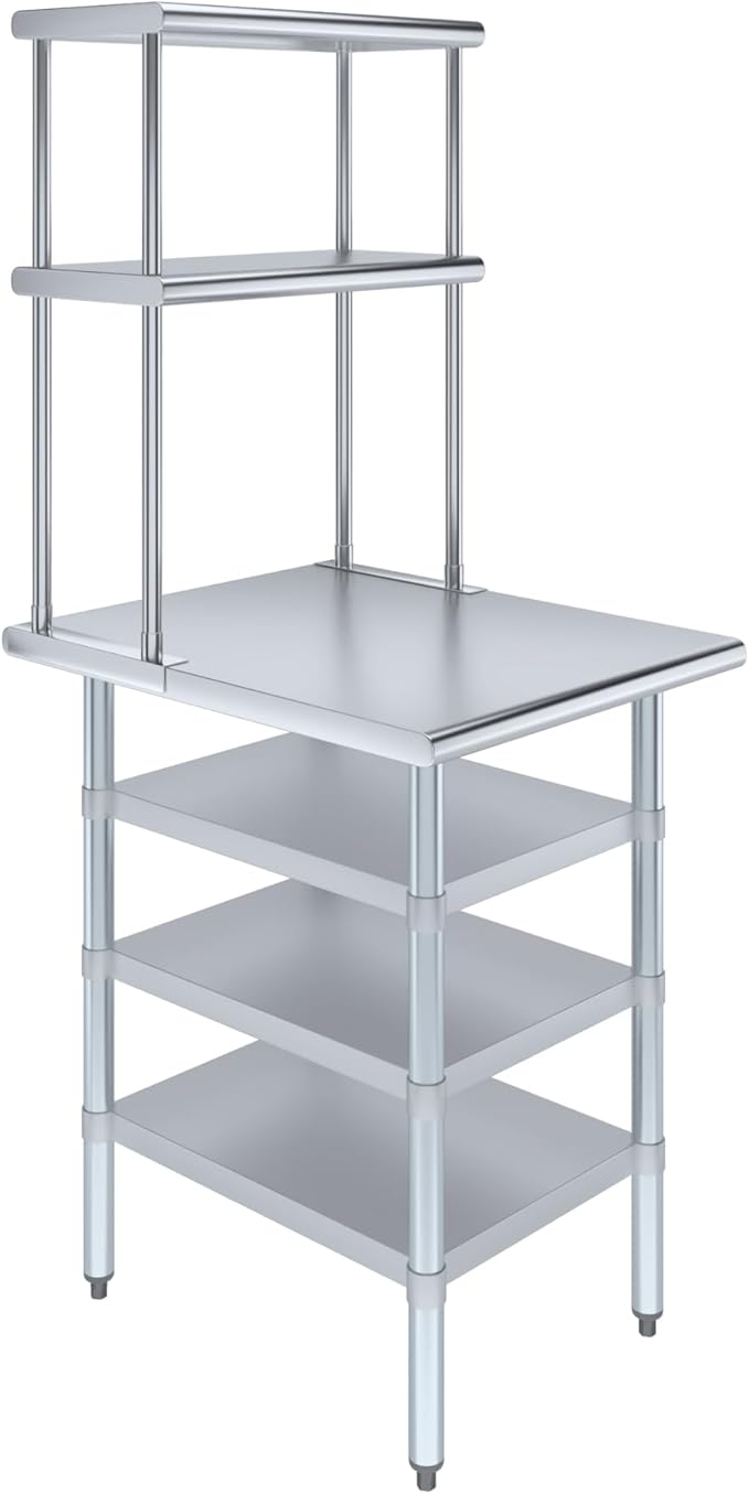 Amgood 30" x 24" Stainless Steel Work Table with 3 Shelves and 12" Wide Double Tier Overshelf | Metal Kitchen Prep Table & Shelving Combo | NSF