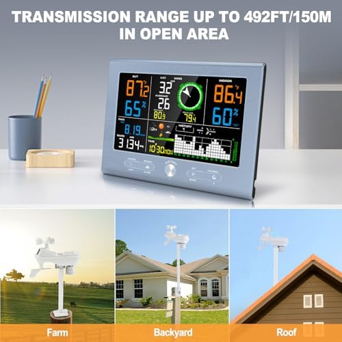 Urageuxy Wireless Weather Station for Home, 492FT Remote Range, Weather Stations with Rain Gauge, Wind Speed/Direction Sensor, Indoor/Outdoor Thermometer Humidity, Barometric Pressure, Atomic Clock