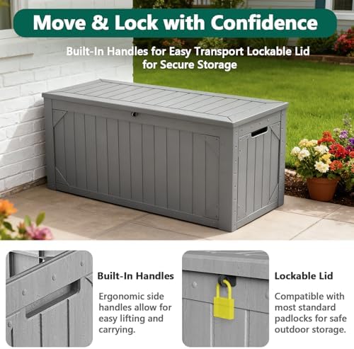 Outdoor Storage Box, 98 Gallon Deck Box, Outdoor Storage Bench, Waterproof Resin Storage Bench with Lockable Lid, Patio Furniture Cushions & Garden Tools Storage, UV Resistant (Gray)