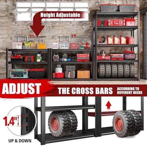 Raybee Storage Shelves 2000LBS Garage Shelving Heavy Duty, 5-Tier Adjustable Garage Shelves, Metal Shelving for Garage, Basement, Warehouse, Pantry, 72" H x 31.5" W x 16.5" D, 2PC, Black