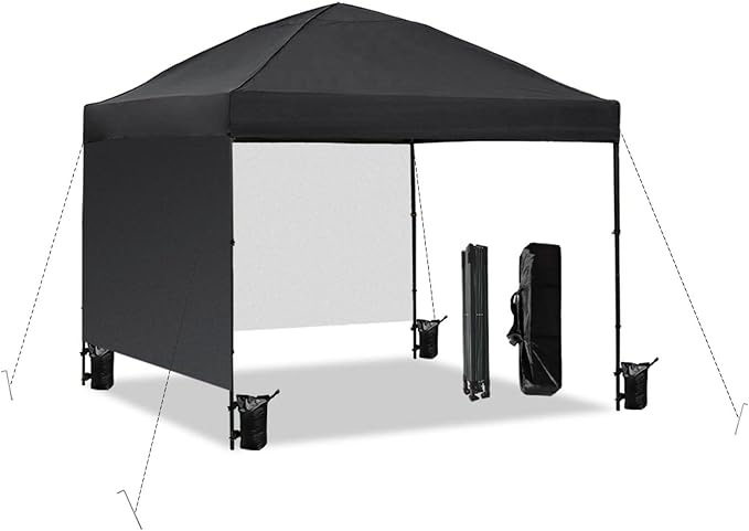 10x10 Pop Up Canopy Tent with 2 Sidewalls, Easy Up Canopy Outdoor Party Sun Shade Tent Portable Gazebo for Beach Camping Events with Carry Bag and 4 Sand Bags