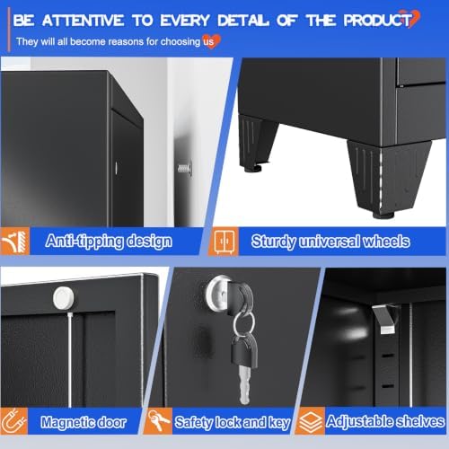 GAIOUS Tall Metal Storage Cabinet with Lock, 2 Doors Freestanding Steel Bookcase with Adjustable Shelves, Heavy Duty Lockable Office Filing Cabinet, Home Garage Utility Pantry Organizer Cabinet, Black