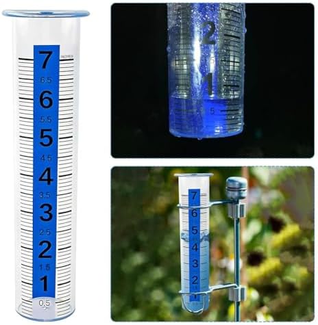 Rain Gauge Outdoor, Accurate Rain Measure Gauge with Luminous Blue Water for Night Reading, 7" Capacity Large Number Meter for Yard, Durable Plastic Water Collector for Garden, Farm