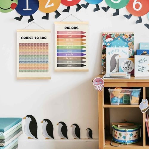 TLESKE 1-100 Numbers Hundreds Colors Chart Poster Hanger Frame for Toddler Kid Classroom Set of 2, Homeschool Hanging Wall Art Decor for Nursery Playroom, Preschool Learning Educational Poster, 12x16