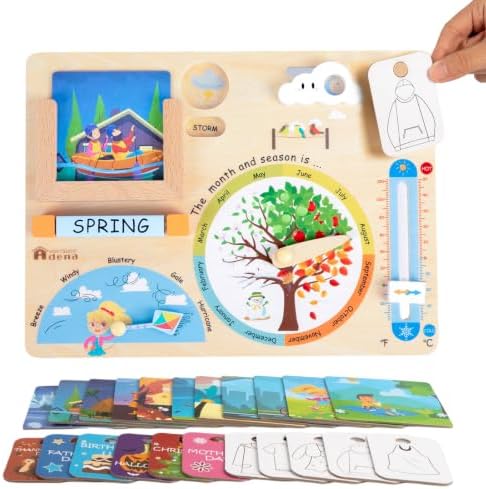 Wooden Weather Station Cognitive Board with 24 Cards, Climate Teaching Toy, Weather Board for Kids, Learning Daily Weather Condition Changes, Months Temperature & Seasons Toys for 3,4,5 Years Old