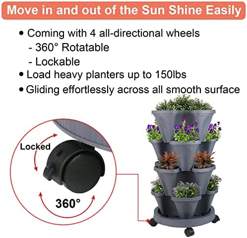GameXcel Vertical Planter Tower - 4 Tier Stackable Garden Planters with Wheels and Tools Plant Pots for Strawberry Herb Flower and Vegetable Indoor Outdoor Use Dark Gray