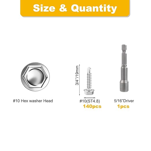 Self-Tapping Screws, 410 Stainless Steel, 140 PCS Assortment Kit with Driver, #10X3/4, Hex Washer Head