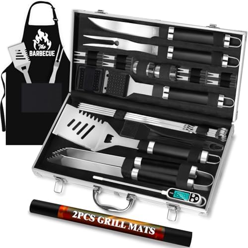 ROMANTICIST 26pcs Grilling Gifts for Men, Dad Gifts for Father's Day, Stainless Steel BBQ Grill Accessories Tools Set, Heavy Duty BBQ Utensils Kit with Apron, Thermometer, Mats in Aluminum Case Black