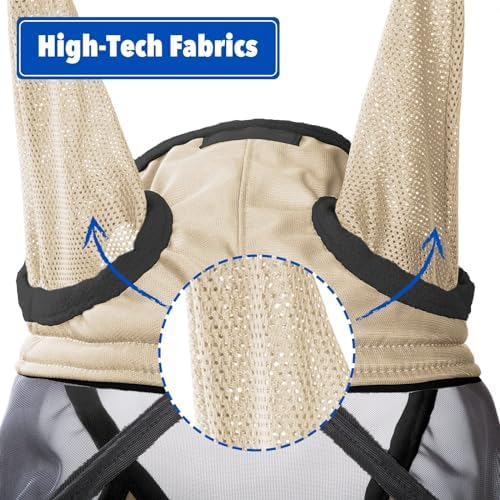 Harrison Howard CareMaster Pro Luminous Horse Fly Mask Large Eye Space Long Nose with Ears UV Protection for Horse Light Champagne Small Pony