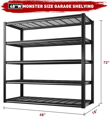 REIBII 48" W Garage Shelving Heavy Duty Load 2500LBS, 5 Tier Storage Shelves, Adjustable Metal Shelves for Warehouse, Pantry, Basement, 48" W X 72" H X18 D, 3PC
