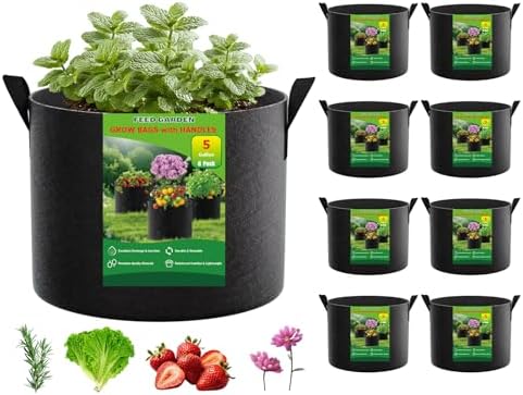 FEED GARDEN 5 Gallon Grow Bags 8 Pack – 300G Thickened Non-Woven Fabric Pots Double-Stitched Handles, Foldable Breathable Drainage Planters for Herbs, Lettuce, Strawberries & Flowers, Indoor Outdoor