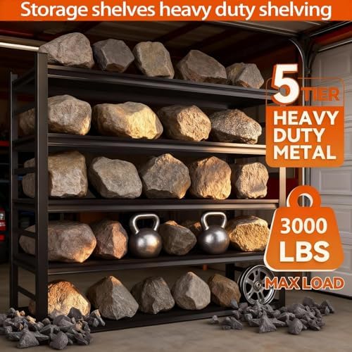 72"H Metal Garage Shelving Unit, Heavy Duty 5-Tier Adjustable Storage shelves, Steel Shelving, 3000 LBS Capacity, Industrial Shelves for Heavy Tools and Equipment, Ideal for Garage, Basement, Black