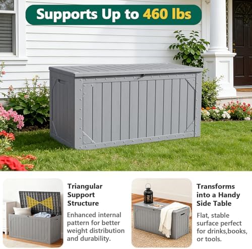 Outdoor Storage Box, 98 Gallon Deck Box, Outdoor Storage Bench, Waterproof Resin Storage Bench with Lockable Lid, Patio Furniture Cushions & Garden Tools Storage, UV Resistant (Gray)