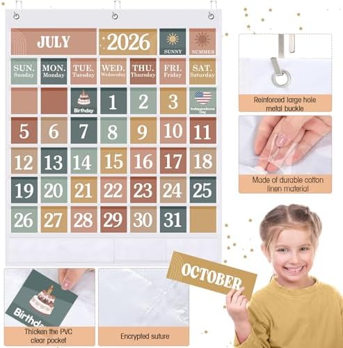 Sinload Classroom Calendar Pocket Chart White, Modern Boho