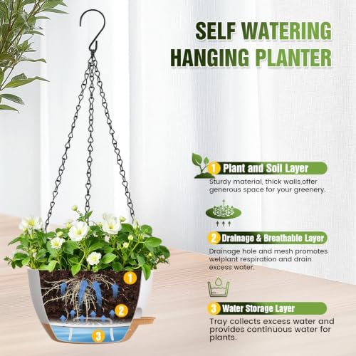 8 Inch Self Watering Hanging Planters Set of 3 with Saucers