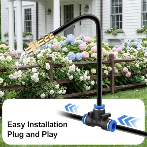 100FT Drip Irrigation System Kit, 1/4 Inch Garden Watering System with 16 Adjustable Brass Nozzles, Automatic Misting Watering Kit for Raised Beds, Greenhouse, Lawn, Patio, Yard