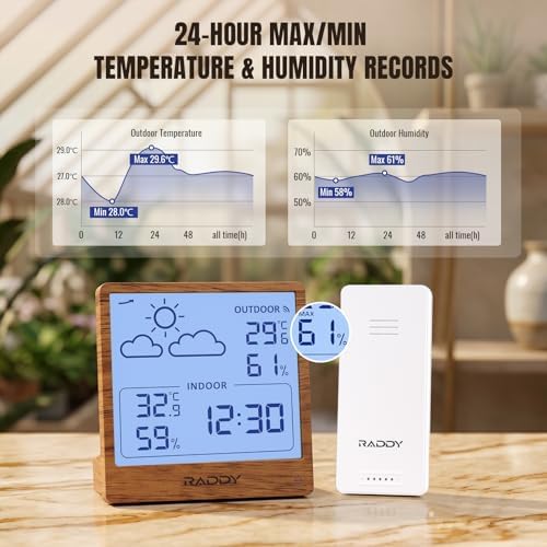 Raddy WF-50T Wireless Weather Station, Dark Wood Frame