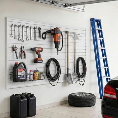 SMARTSTANDARD Heavy Duty PVC Slatwall Panels 4x8 ft, Interlocking Garage Wall Organizer System, Tool Board for Retail Display, Workshop & Home Storage - White