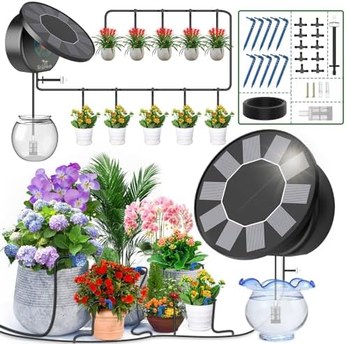 Solar Automatic Drip Irrigation System Kit, DIY Irrigation System for Garden Outdoor/Indoor Gardening System, Plant Watering System Drip Irrigation System, 9 Timing Modes with Anti-Siphon Set