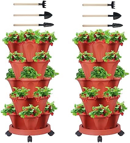 GameXcel Vertical Planter Tower - 5 Tier Stackable Garden Planters with Wheels and Tools Plant Pots for Strawberry Herb Flower and Vegetable Indoor Outdoor Use Red 2 Pack