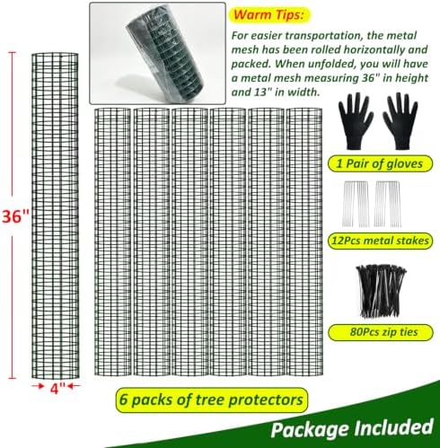 Metal Tree Trunk Protector, 6 Pack 36" Mesh Tree Guards Tree Protectors with Zip Ties, Stakes, ExpandableTree Trunk Protector Guard, Tree Protectors from Deer, Mower, Animals(36",6 Pack)