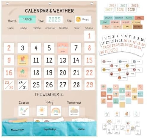 Classroom Boho Calendar & Weather Pocket Chart with 111 Cards, Circle Time Learning Center for Kids and Toddler, Preschool Must Haves!