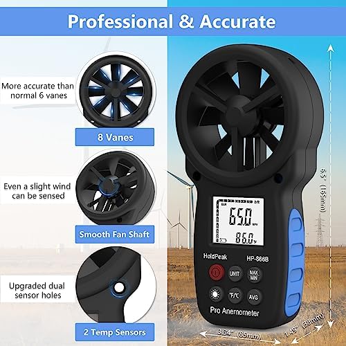 HoldPeak Handheld Anemometer Bluetooth, Digital Wind Speed Gauge Meter, Air Flow Velocity Temperature CFM Measuring Device for HVAC Outdoor Sailing Shooting Golf, 866B-APP