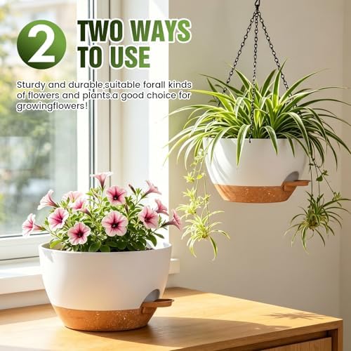 12 Inch Large Self Watering Hanging Planters 2 Pack with Saucers