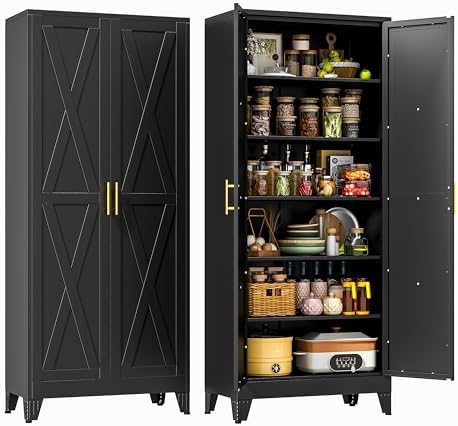 75" Metal Kitchen Pantry Storage Cabinet with 2 Doors and 5 Adjustable Shelves,Black Farmhouse Pantry Cabinet,Steel Garage Tool Cabinet Freestanding Cupboard for Kitchen,Dinning Living Room