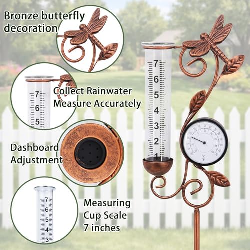 Dragonfly Rain Gauge Garden Decor, 32" Thermometer Patio Decor, 7" Capacity Rain Gauge Replacement Tube Glass, Outdoor Temperature Patio Decor