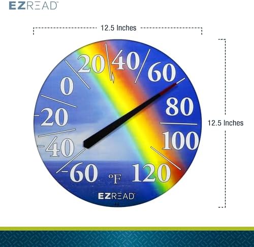 EZREAD Hanging Dial Thermometer 840-1220 Weather Thermometers for Indoor and Outdoor Use, Large 12.5 Inch Diameter, Easy to Read Numbers, Rainbow, Blue/Red/Yellow