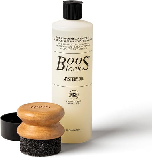John Boos 2-Piece Care Set, 16 oz Mystery Oil & Round Beechwood Applicator - All-Natural Maintenance Formula for Butcher Blocks, Cutting Boards, Wooden Countertops & Wood Utensils