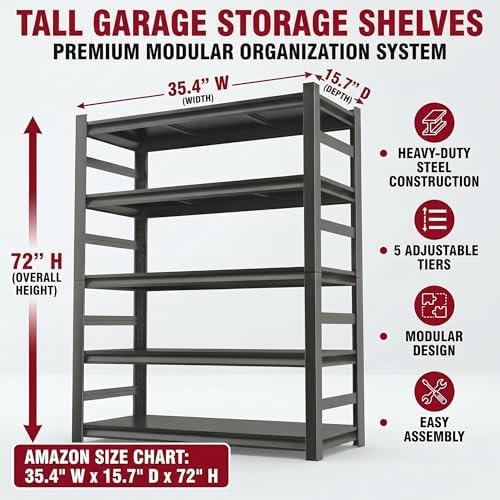 Garage Shelving, 3000 LBS Heavy Duty Metal Storage Shelves with Anti-Fall Rails, 5-Tier Adjustable Storage Rack for Garage, Warehouse, Basement, 35.4" W x 15.7" D x 72" H