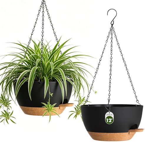 12 Inch Large Self Watering Hanging Planters 2 Pack with Saucers