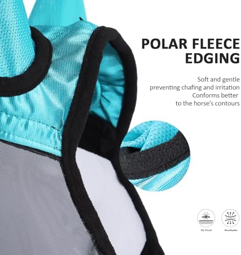 Harrison Howard Pro Luminous Horse Full Face Fly Mask Large Eye Space Long Nose with Ears UV Protection for Horse Teal S