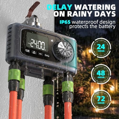 Sprinkler Timer for Outdoor Hose Faucet 4 Zone, Programmable Hose Timer with Rain Delay/Manual/Automatic Watering System, Water Timers for Garden Hose, Digital Drip Irrigation for Yard Lawn Outdoor