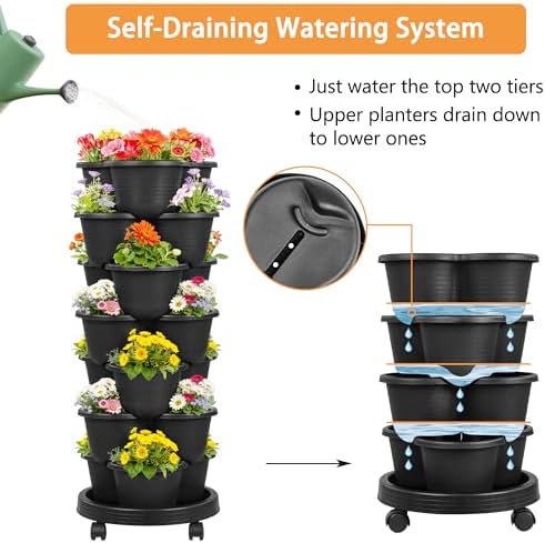 VECELO 7 Tier Vertical Garden Planter, Self Watering Stackable Planters with Wheels for Strawberries, Herbs, Flowers, Vegetables, Black