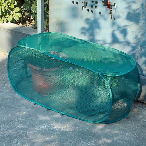 Threehoney 4 Pcs 39" x 18" x 16" Pop up Garden Mesh Plant Cover Outdoor Plant Protector Garden Row Raised Bed Cover with Ground Nails Crop Cage Net for Seedlings Vegetable Fruit Herbs (Dark Green)