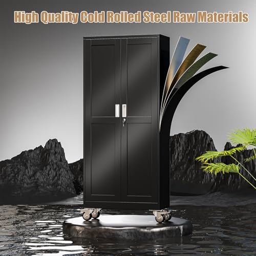 74" H Metal Pantry Storage Locker Cabinet with Wheels,Rolling Kitchen Pantry Cabinet with 2 Doors and 5 Adjustable Shelves, Lockable Steel Garage Tool Cabinet Organization for Home,Gym,School,Black