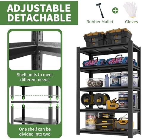 Garage Shelving,72" H Garage Shelves Heavy Duty, 3000Lbs 5 Tier Adjustable Garage Storage Shelves Suitable for Warehouse, Basement, Workshop,Require Assembly, 24" D*48" W *72" H(Black)