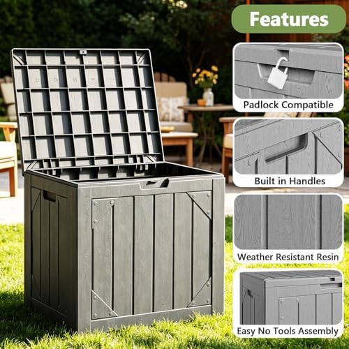 Outdoor Storage Box,30 Gallon Deck Box Outdoor Storage Bench Outside Waterproof Resin Storage Bench, Lockable Patio Cushions, Garden Tools Storage For Furniture, UV Resistant(Gray
