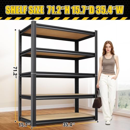 4 Pack Garage Shelving Heavy Duty Storage Shelves, Metal Adjustable Shelving Unit, Utility Garage Organizer Shelf for Basement, Pantry, Kitchen, Warehouse, 71.2" Hx35.4 Wx15.7 D, Black