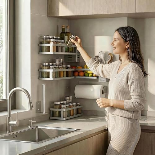 PUSDON 5-in-1 Shower Caddy & Kitchen Organizer Set, Wall Mount Wide Spice Rack with Paper Towel Holder, Utensil Holder, Soap Dish, Rustproof Mesh Baskets Hold 50LBS - Silver Gray, Guardrail