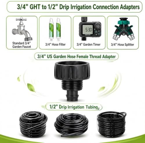 6 Pack Drip Irrigation Parts 1/2 Inch Irrigation Tubing to Garden Hose Adapter, Heavy-Duty Locking PP Fitting for Lawn Greenhouse Watering, 3/4 Inch FHT to 16mm Threaded Connector