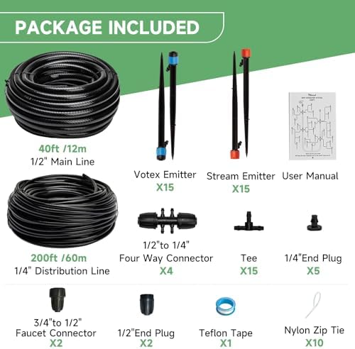 Riboud 240FT Drip Irrigation System Kit, Automatic Garden Watering System for Plant, Greenhouse, Yard, Lawn, with 1/2 inch 1/4 inch Irrigation Tubing Hose and Accessories
