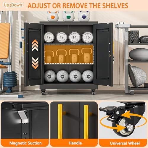 Small Metal Storage Cabinet with Wheels, Lockable Tool Cabinet with Doors
