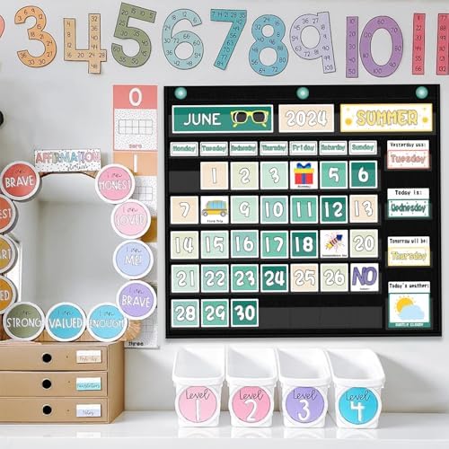 Mewise Classroom Calendar Pocket Chart and Weather Station Set - Groovy Retro Classroom Decor, 126+ Cards Bulletin Board Display for Morning Meeting, Homeschool Supplies, PreK-2nd Grade (Black)