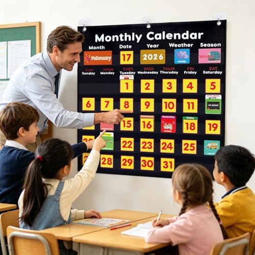 Calendar and Weather Pocket Chart Classroom,Monthly & Weather Pocket Chart,Monthly Calendar Pocket Chart with Cards for Classroom Supplies (Black)