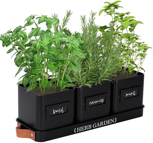 PERFNIQUE Indoor Herb Garden, Herb Planter Set with Tray, Farmhouse Indoor Plant Pots, Windowsill Herb Garden with Drainage(Planter only) for Indoor/Outdoor, Window Pots(Matte Black)