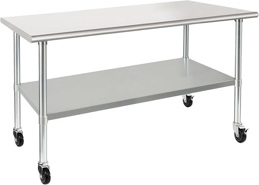 HARDURA Stainless Steel Table with Wheels 30 x 60 Inches Casters NSF Heavy Duty Commercial Work & Prep Table with Undershelf and Galvanized Legs for Restaurant Kitchen Bar and Hotel Garage